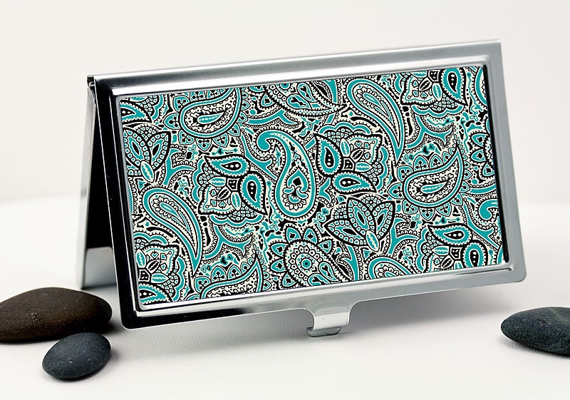 Business Card Case, Retro Paisley Design in Teal Blue, White and Black, Handmade Credit Card Case, Men or Women's Accessory