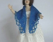 1:12 scale Dollhouse Miniature Triangular Shawl in Shantung Style Spun Silk Thread Hand Knit  - Blue.
