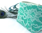 Bridesmaid Gift in Vintage Jade Green & Ivory Lace Cosmetic Bag, Wedding, Bridal Favor, Bulk Pricing, Vintage Green or Blue Green Wedding