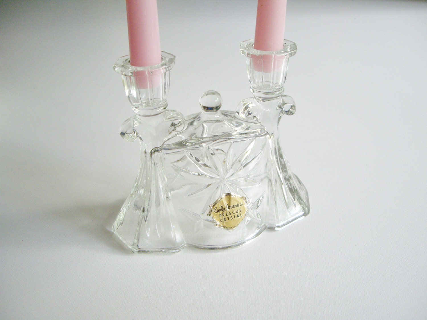 Vintage Candle Holder - Two Light Early American Prescut Crystal Candlestick - Signed Paper Label - Anchor Hocking