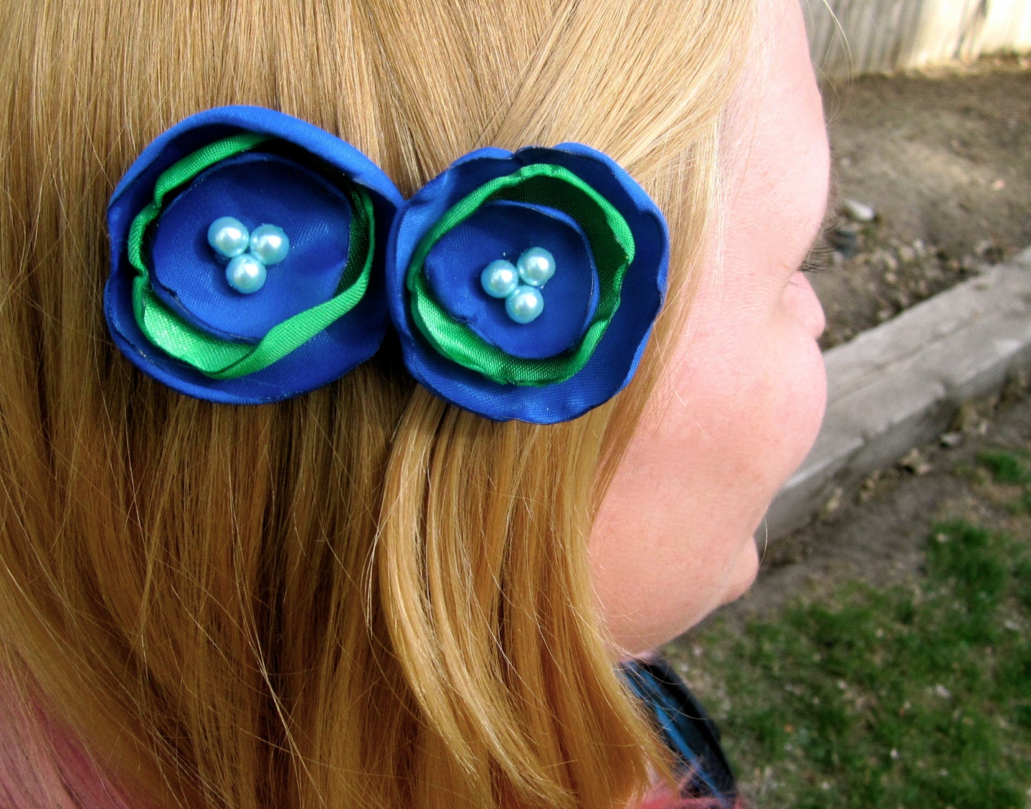 Blue & Green Satin Flower Hair Pins Set of 2
