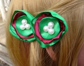 Green & Hot Pink Satin Bobby Pins with Pearls set of 2