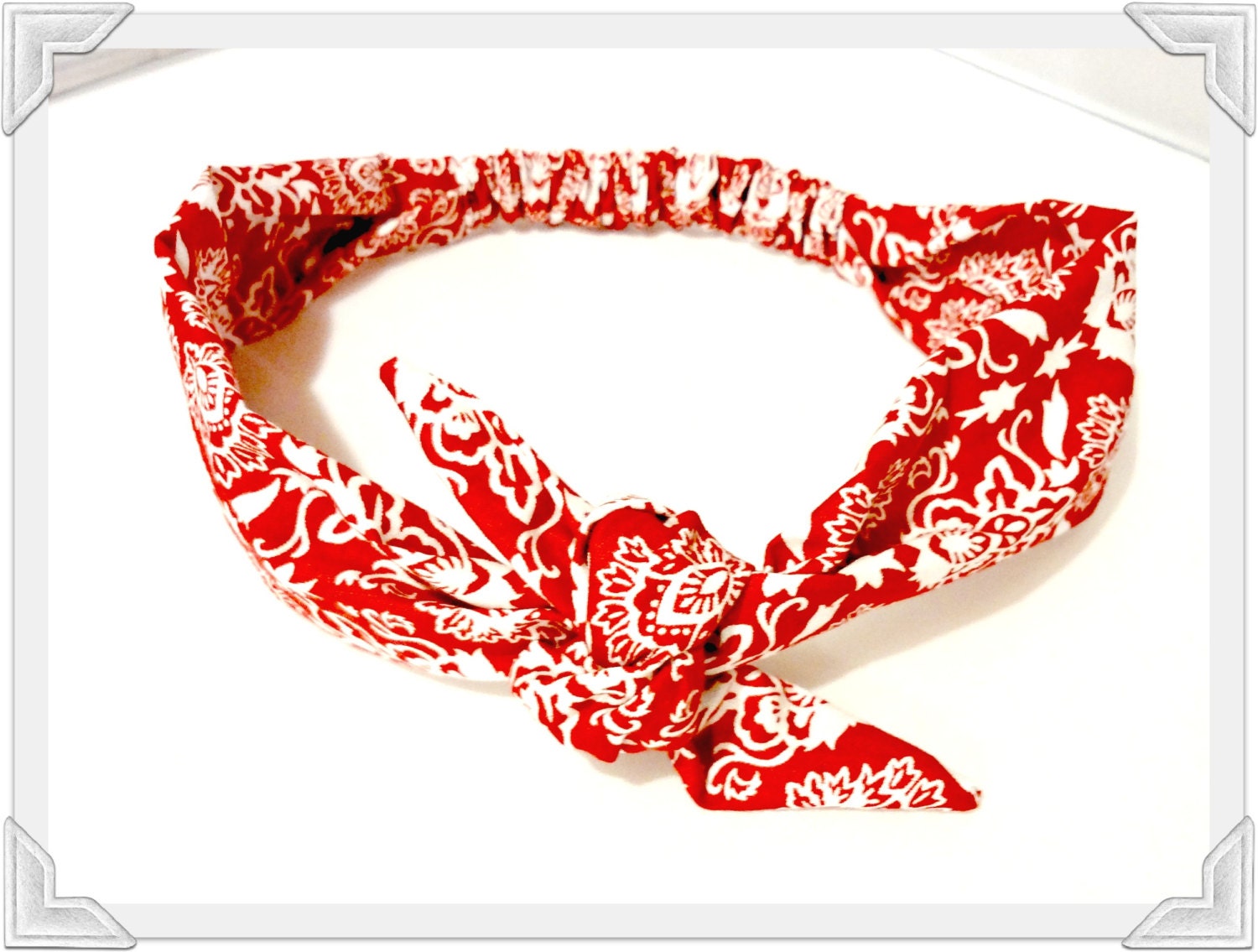 Red Damask Bow Tie Head Scarf Retro Vintage Style Tie Housewife Headband Hair Scarf Bow