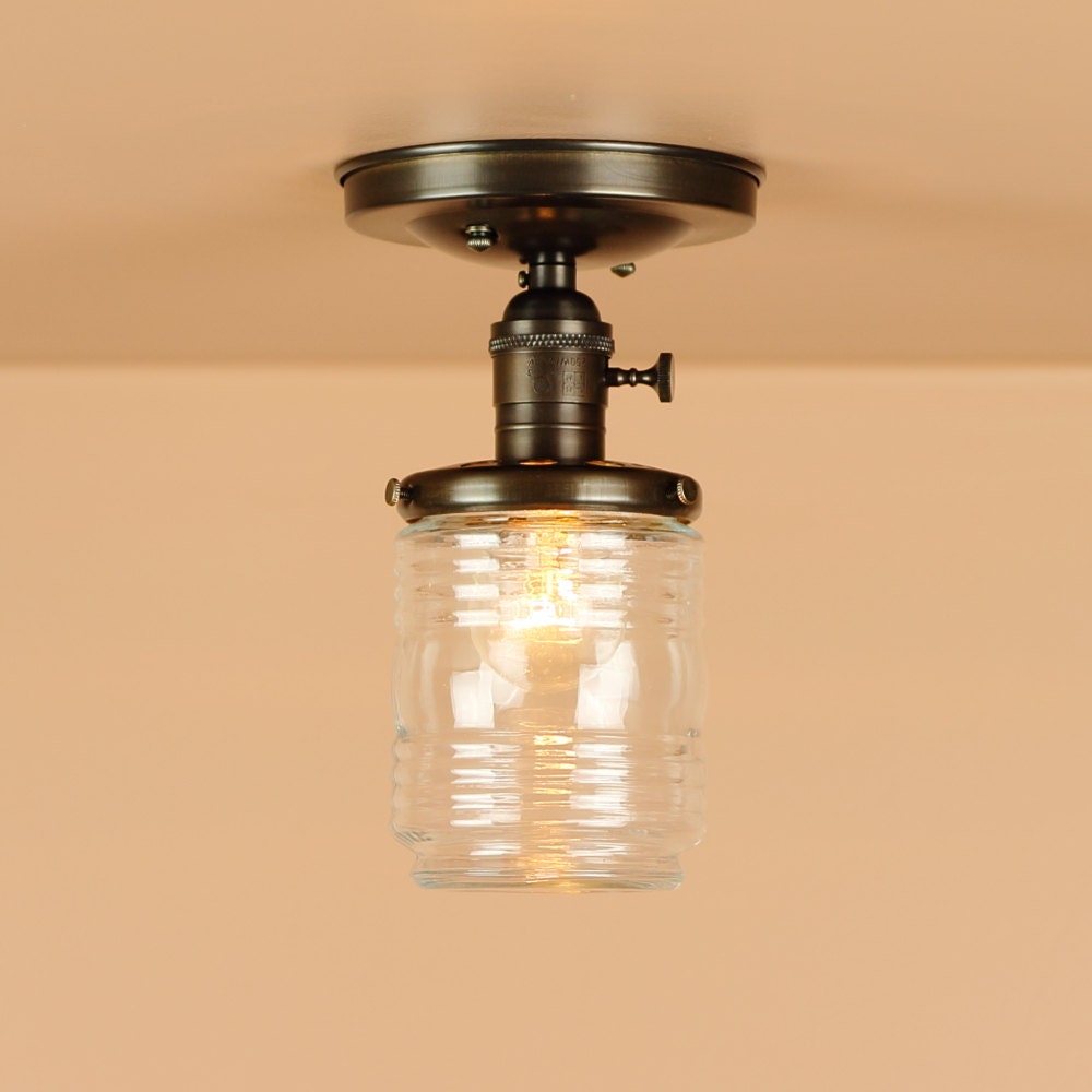 Semiflush Light - Clear Glass Marine Globe Jar Light - Handfinished in Oil Rubbed Bronze - Lighting for Low Ceilings