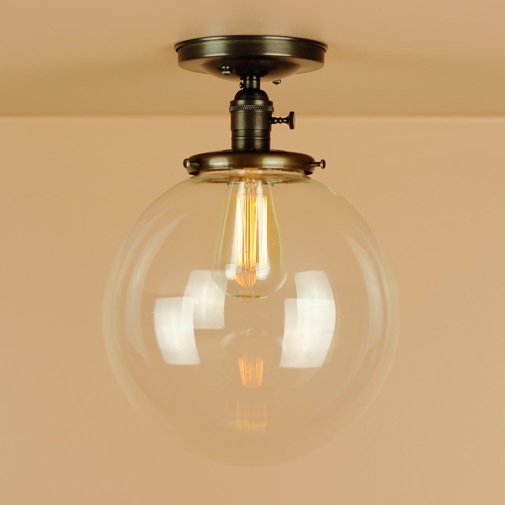 Semiflush Lighting - X Large 10 inch Clear Glass Globe - Oil Rubbed Bronze Finish - Edison Light Bulb - Lighting for Low Ceilings