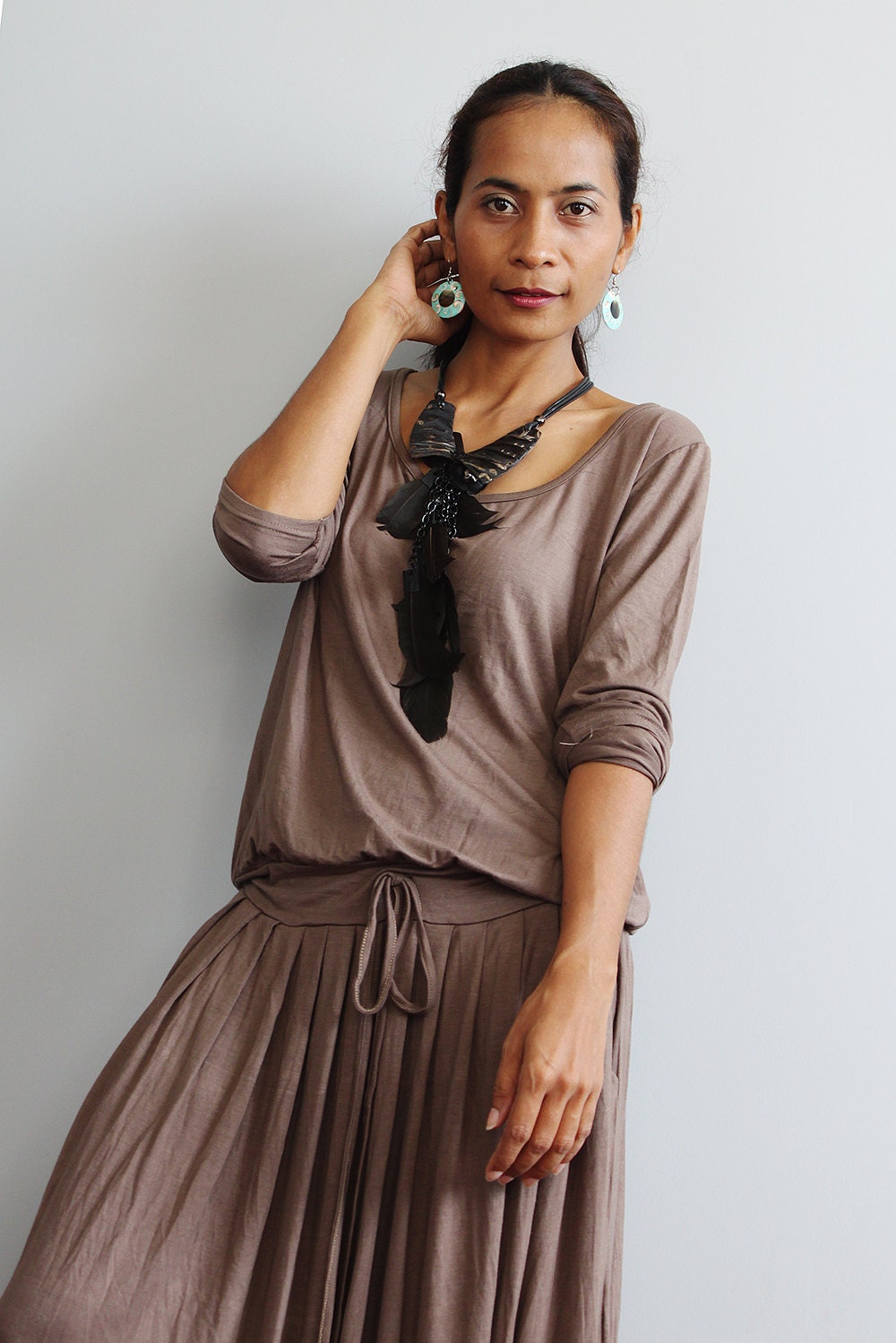 Beige Brown Maxi Dress -  Long Sleeve dress : Autumn Thrills Collection No.1  (Best Seller)
