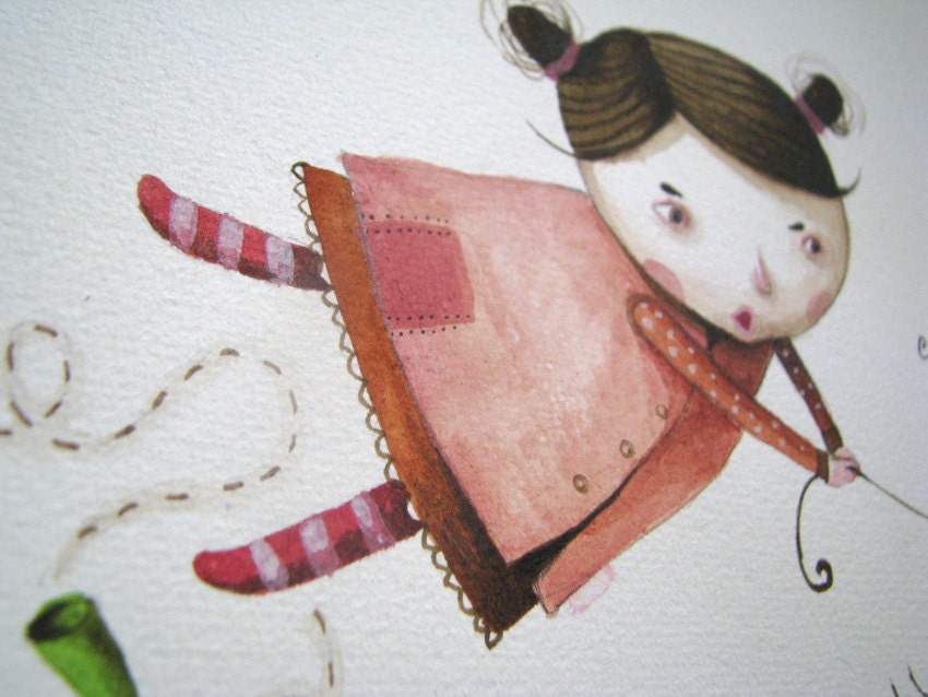 Little girl with dog- Original watercolor-Original painting-Kid nursery-Wall decor-Kids art-Watercolor nursery art