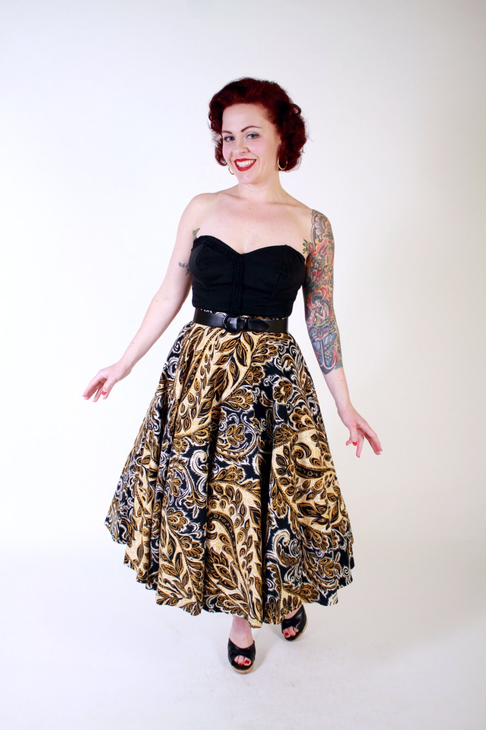 1950s Vintage Skirt...Fall Fashion Black White Yellow 50s Rockabilly Flannel Full Circle Skirt xs