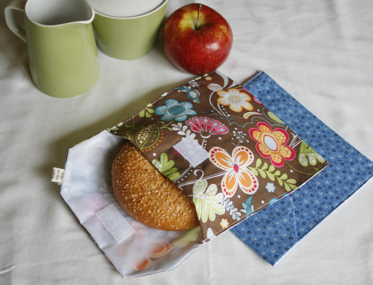 pair of reusable, lined sandwich bags in multicolor & brown floral