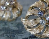 Poinsettia Brushed Gold Tone Rhinestone Earrings - Vintage Cora Signed - at KonniesPlace