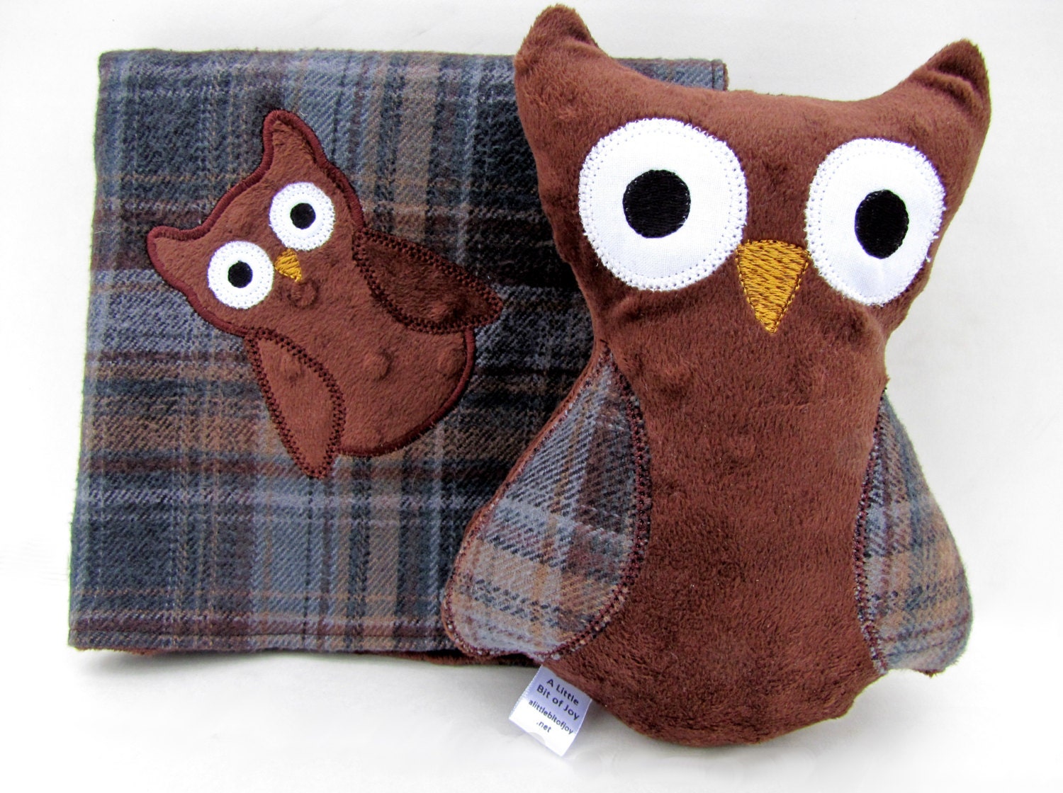 Plush Owl Rattle Gift Set with Blankie Lovey -- Woodland Brown Plaid Blue Stuffed Animal Toy