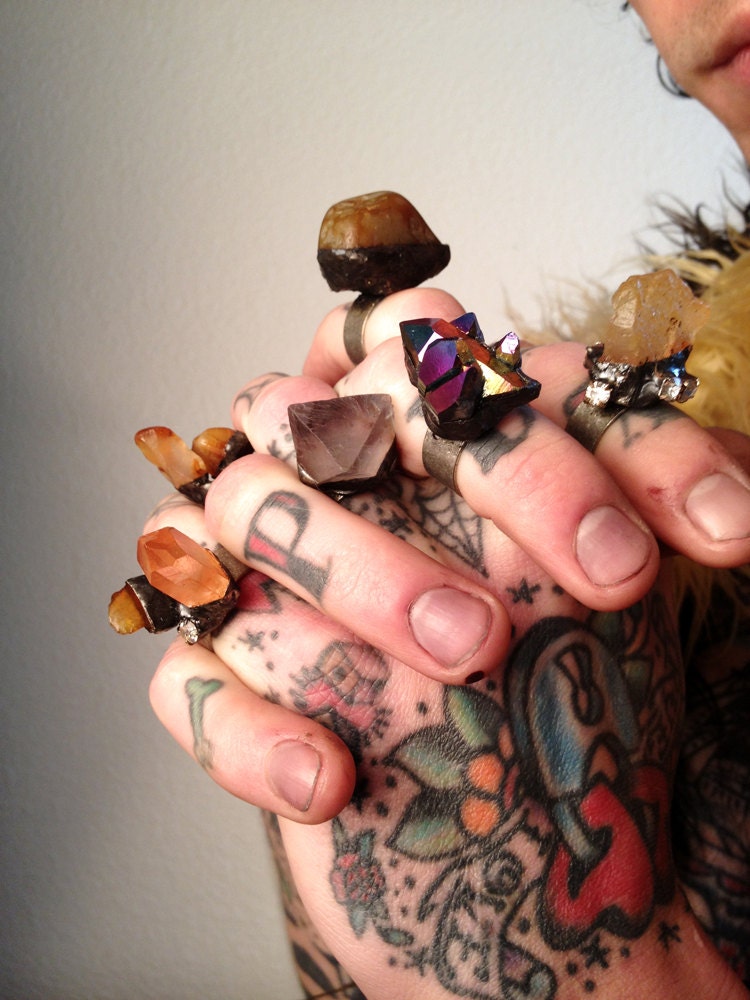 Chuncky City Ring, So You Want to be a Rock Star, Rhinestones Quartz Crystal and Agate, Adjustable.orange tangerine
