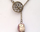 Antiqued Brass Tree Purple Porcelain Owl Lariat Necklace