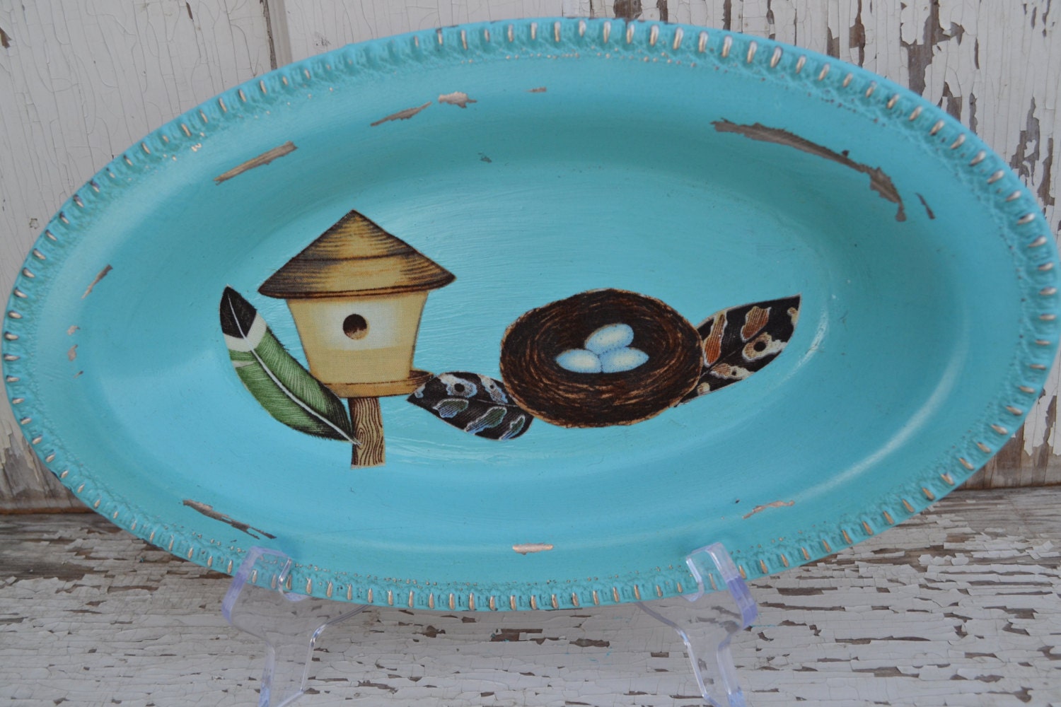 Silver Tray upcycled aqua birds nest bird house serving tray trinket tray