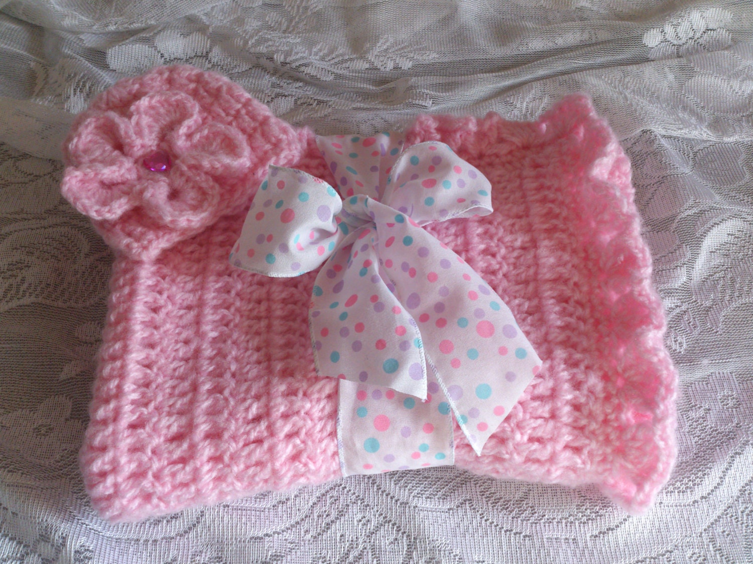 Newborn Girl Crochet Baby Blanket & Cap Pink Flower Hairclip Free Shipping and Next Day Shipping
