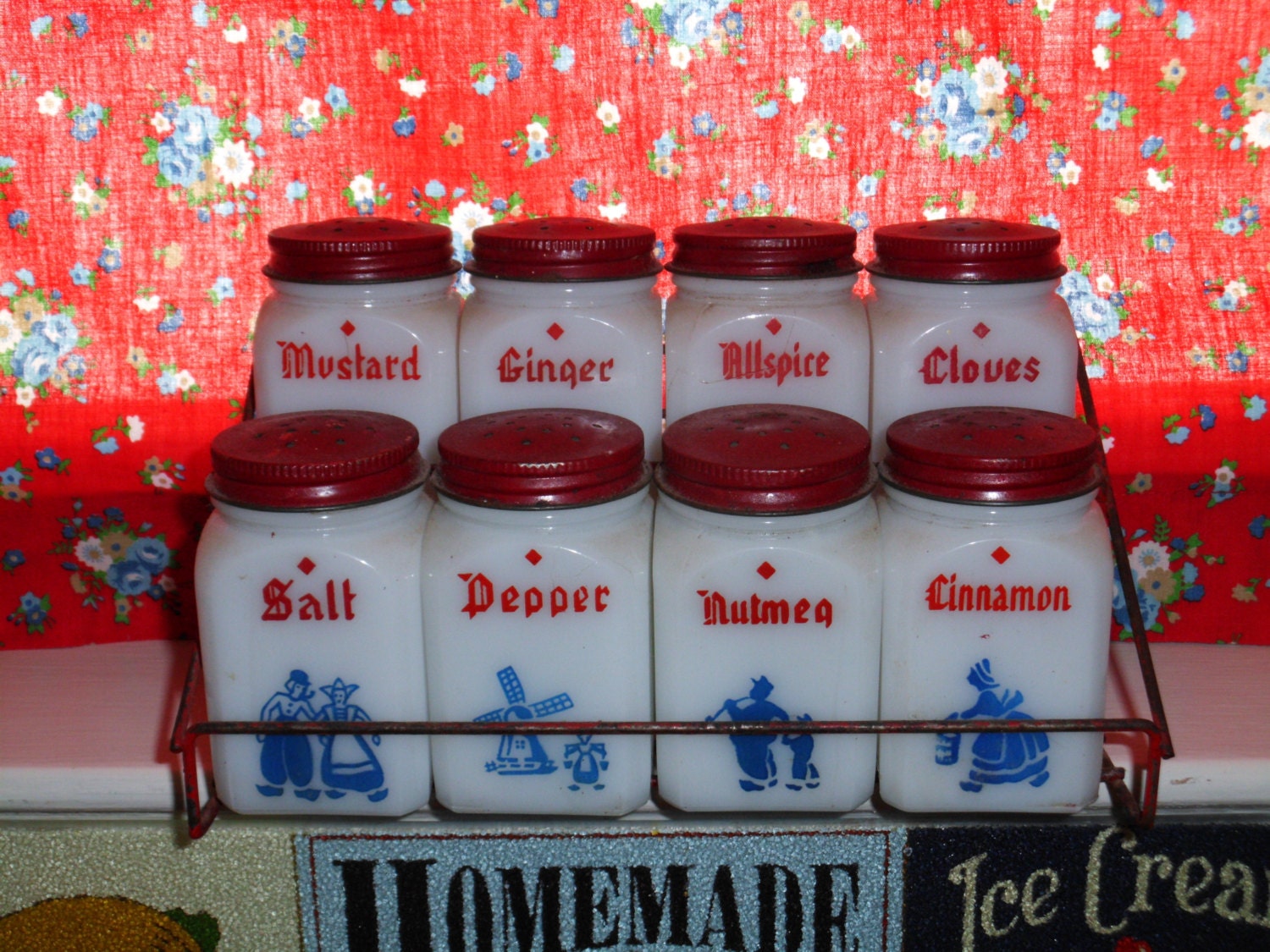 8 Dutch Inspired Milk Glass Screwtop Shakers and Metal Spice Rack by DOVE Frank Tea and Spice Co.