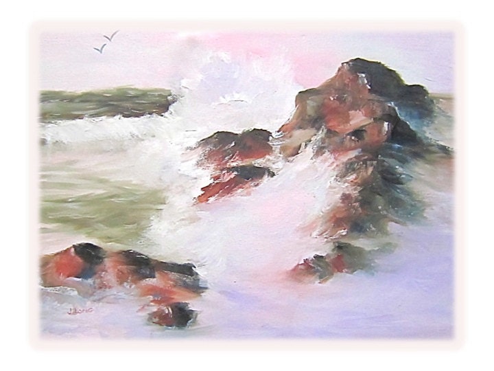 Oil Painting Print Seascape pink lavender pastel pink green reds teal rust white waves brown rocks sea birds 'Ocean Sunrise'