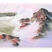 Oil Painting Print Seascape pink lavender pastel pink green reds teal rust white waves brown rocks sea birds 'Ocean Sunrise'