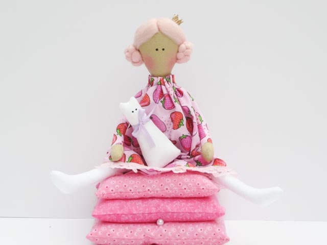 Princess and the Pea fabric doll fairy tale doll in pink strawberry dress, cloth doll rag doll cute stuffed doll - birthday gift for girl