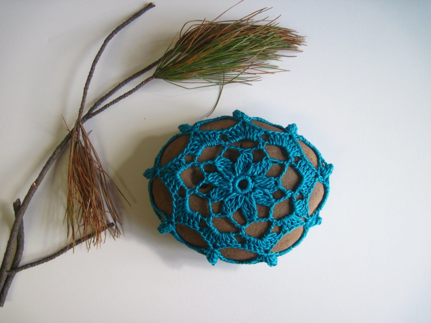Crochet Lace Covered Stone - Large in Aqua Turquoise - Design 4