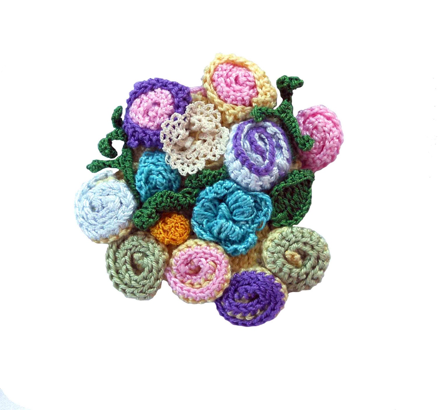 Crochet 3d flower brooch Purple,Blue,Yellow,Mustard Yellow,Light Blue,Pale pink,Green