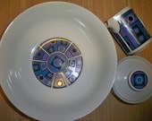 Retro Sugar Bowl, Creamer, & Serving Bowl - Mod Geometric Purple, Blue, Black, White - By Wyndham Casuals Japan - Matching PLATES Available