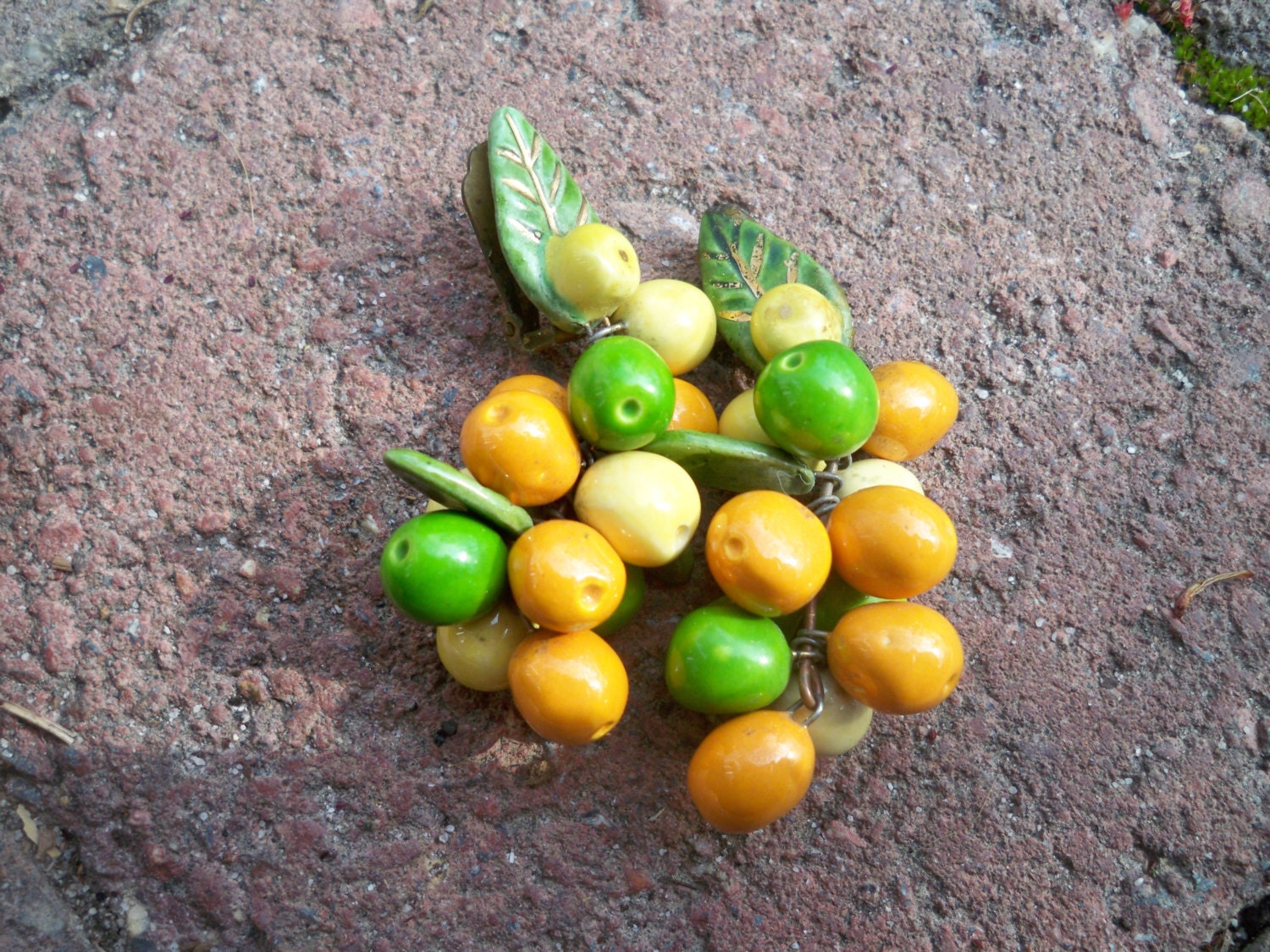 Vintage Ceramic Citrus Fruit Earrings - Very Old Dangle Earrings With Gold and Green Leaves
