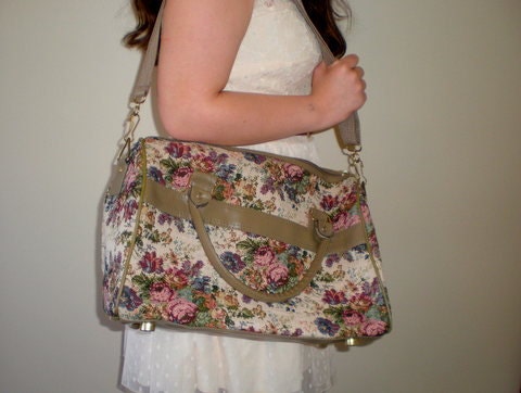 Vintage Tapestry Bag Carry On Luggage / Overnight Bag / Weekender Brocade / Vegan Leather / 80s Romantic and Lovely
