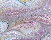 Hand Marbled Paper, 19x25in (48x64cm), pale blue / lavender feather pattern