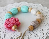 Pink mint nursing necklace with flower Baby shower gift for mom to be New mom Expectant mother Floral jewelry Summer fashion Pastel