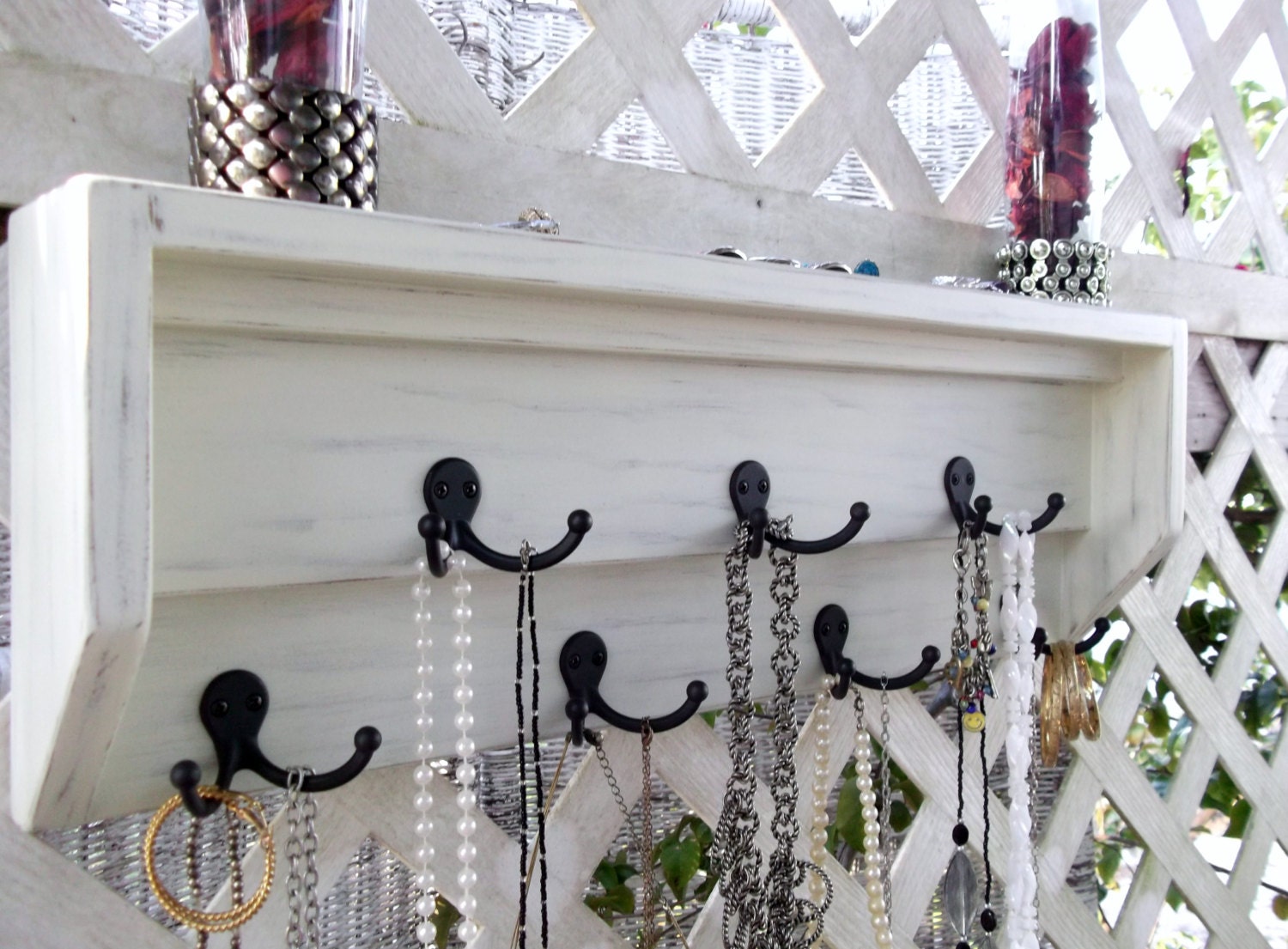 Jewelry Hanger Necklace  Display  Ledge.. "Antique White" or You Choose Color... Shabby Chic Country Cottage...Handmade