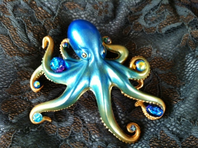 Blue, teal, green with gold accents  "Clip-a-pus" Octopus hair clip Ready to ship