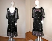 Vintage 1960s Glamorous Black Organza Metallic Silver Brocade Empire Mod Dress