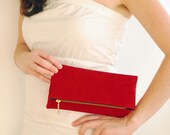SALE. Small Red Suede Bag.  Foldover Zipper Clutch.
