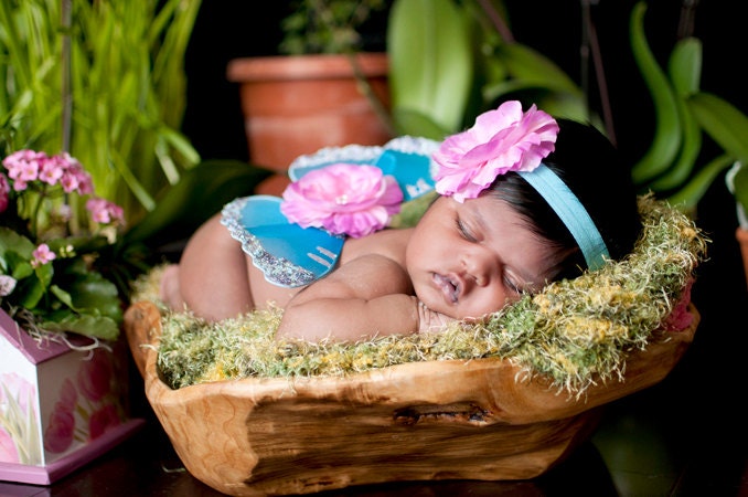 baby girl photo prop newborn butterfly wings turquoise with headband SET pink flowers  ready to ship