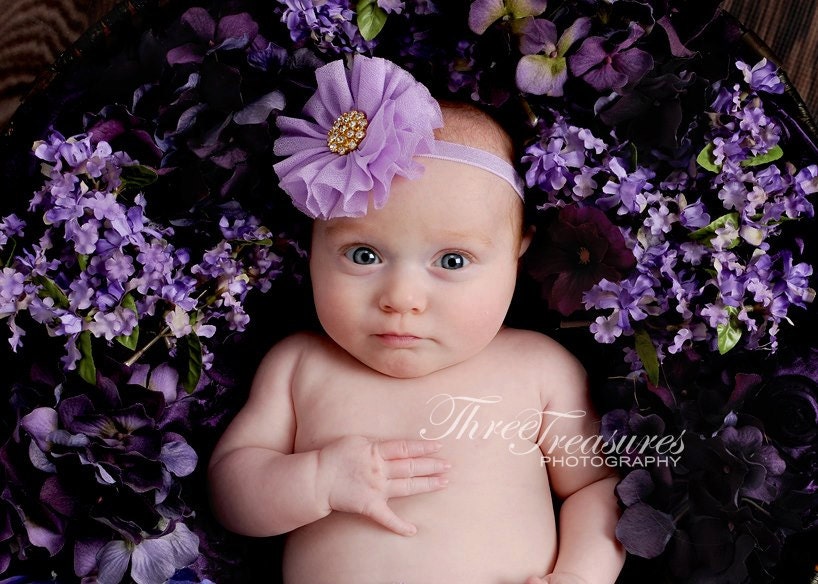 baby headband lavender flower chiffon fabric gold clear center rhinestone fluffy layered ready to ship