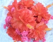 Orange Hibiscus Fuschia Hot Pink Hand Tied Brides Maid Bouquet with rhinestone trim Corset handle