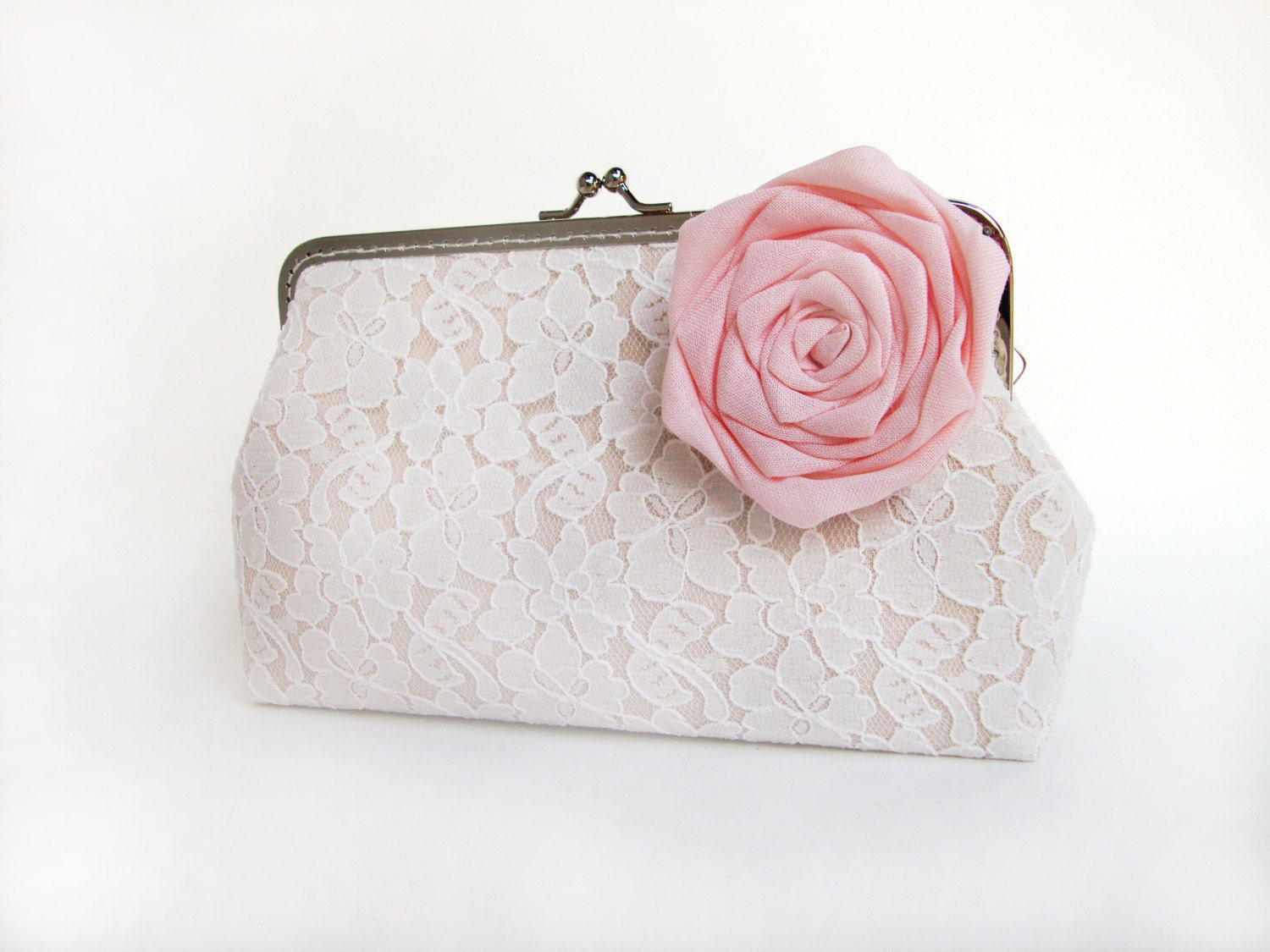 Vintage bridal Inspired clutch - White Lace Clutch with Detachable linen Flower Brooch (Choose your color) / rustic shabby chic wedding
