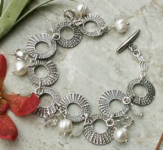 Handmade Freshwater Pearl,Swarovski Crystal Moonstone Fine Silver & Sterling Silver Circles Bracelet