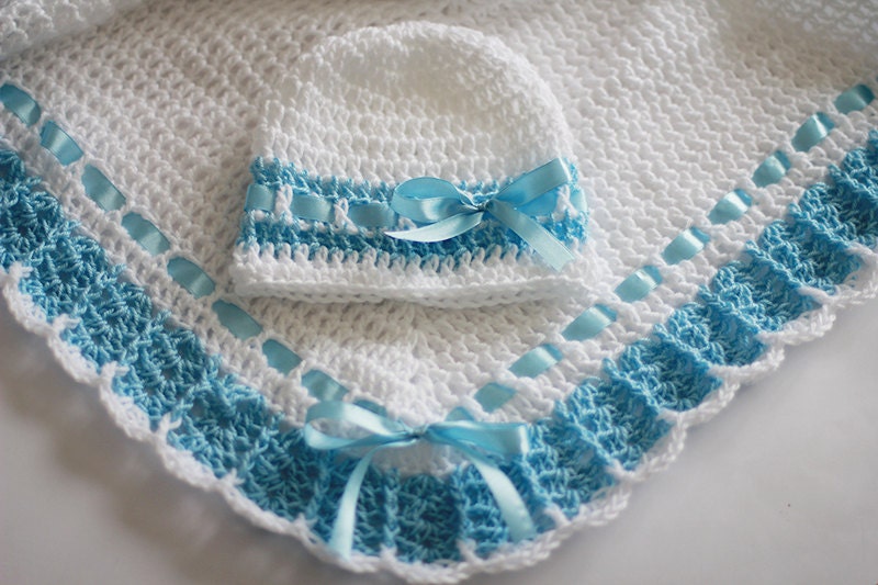 Crochet Baby Blanket / Afghan and Hat  Blue White Christening, Baptism, Baby Boy Granny Square Crochet Blanket, Gift