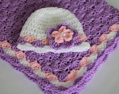 Crochet Baby Blanket / Afghan, Lavender Pink White ,  Blanket and Hat, Baby Girl Shower Gift Crochet Newborn Set