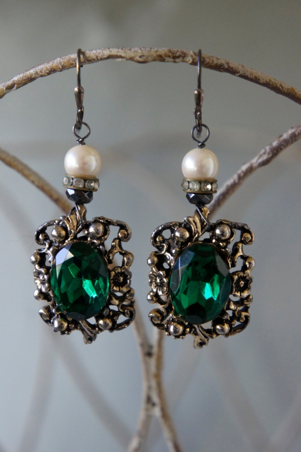 Vintage assemblage earrings  emerald green rhinestones May birthstone pearls assemblage jewelry -  Erin's Joy by French Feather Designs.