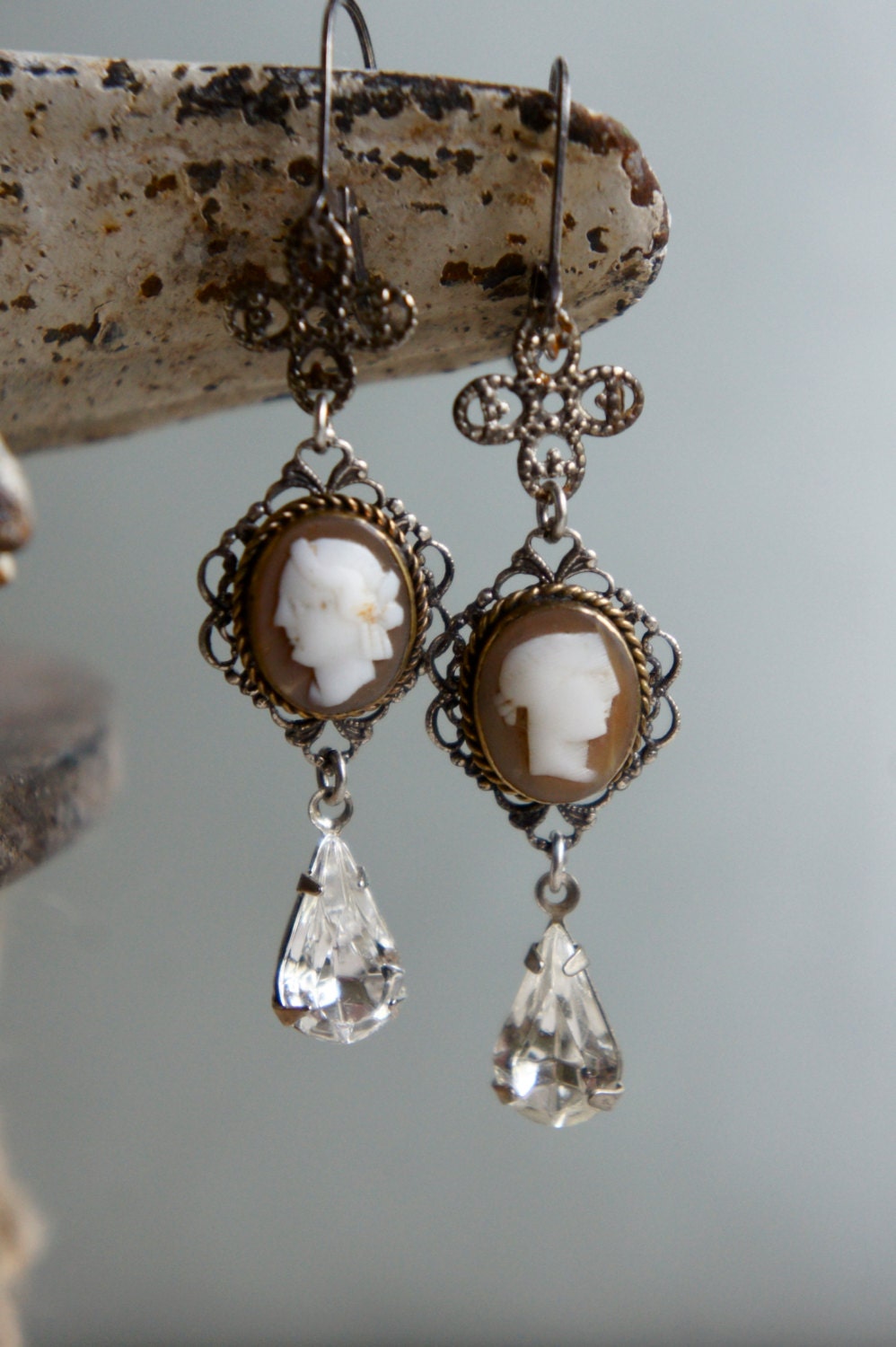 Vintage assemblage earrings cameos vintage rhinestones assemblage jewelry -  by French Feather Designs.