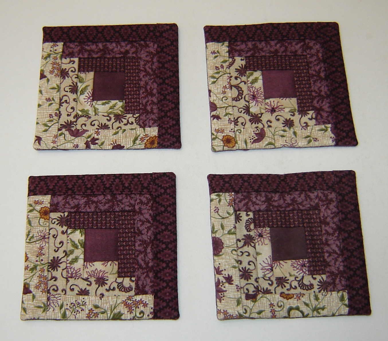 FABRIC COASTERS - Set of four (4) - HANDMADE - Square Shaped - Purple Designs