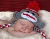 Crochet Sock Monkey ear flap Hat for Boy or Girl with Pom Pom or Flower  - Newborn / 0-3 month  - Ready To Ship