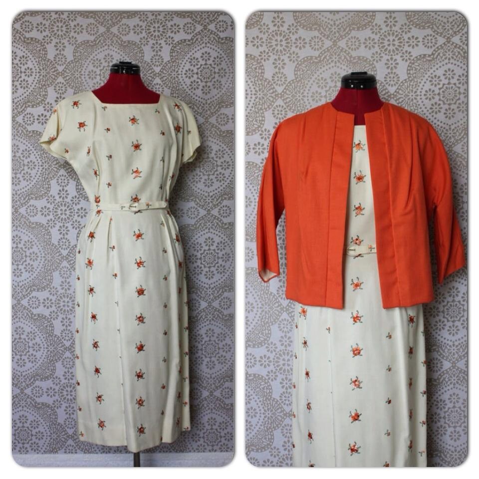 Vintage 1950's 60's Cream and Orange Floral Print Wiggle Dress with Jacket Medium
