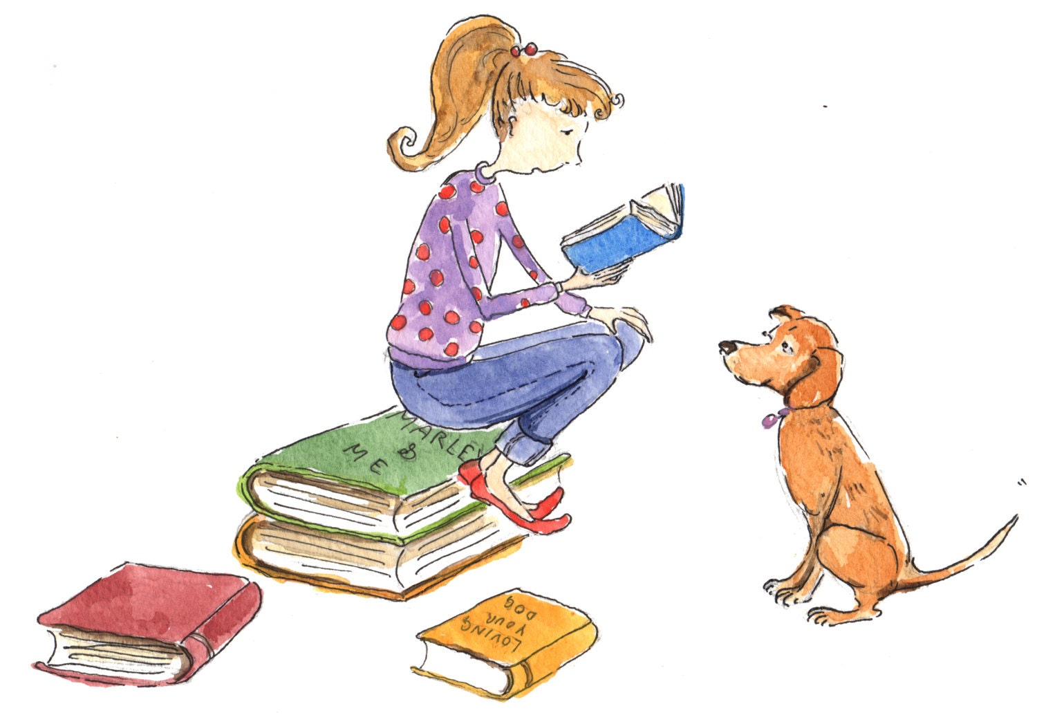 5 x 7 watercolour print, children's illustration, Girl, Books and Dogs
