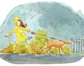 Pack of 5, girl walking dog illustration, 5 x 7 Blank Watercolour Print Note Card with Gift Tag