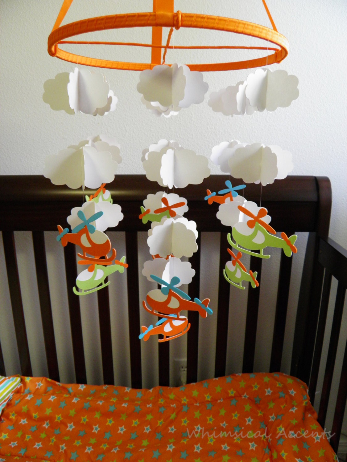 Helicopter and Cloud Baby Paper Mobile in Orange, Green and Blue
