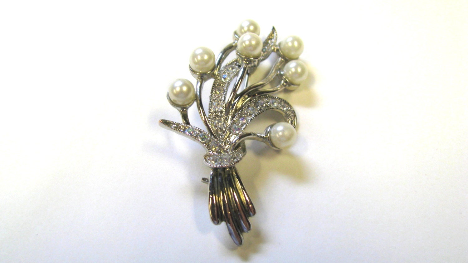 Vintage White Faux Pearl Ab Crystal Rhinestone Floral Spray Brooch in Silver tone metal, wear or repurpose